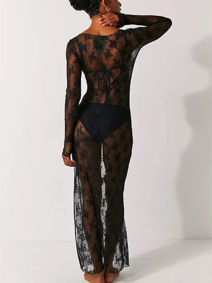 hirigin Womens Y2K Sheer Lace Maxi Dress Long Sleeve See Through Mesh Floral Lace Split Bodycon Dress Beach Coverups Party Dress