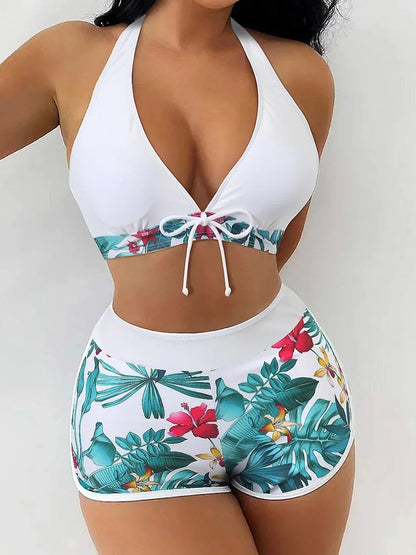 Fashion Printed Swimsuit Women Spliced Lace Up Sporty Surfing Bikini Set Bathing Suit Beachwear Swimwear Female Swimming Suits