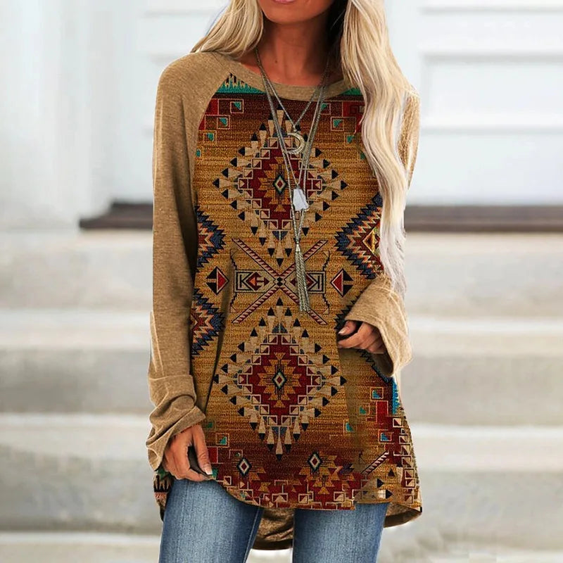 Aztec Ethnic Style Wolf T Shirts Geometry 3D Print Women Long Sleeve T-shirt Oversized Streetwear Woman Tunic Tees Tops Clothing