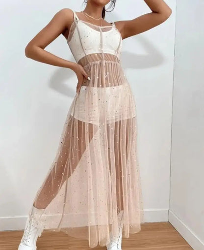 Yiiciovy Sexy Women's Beach Cover Up Dress Sleeveless Square Neck Beach Holiday Sequined Split Midi Beachwear Smock Dresses