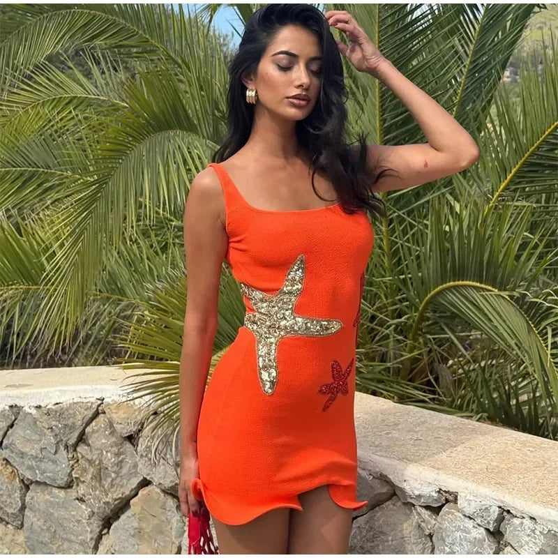 Prined Casual Women Star Mini Dress Fashion Sling Sleeveless Backless Pleat High Waist Robe 2025 New Female Beach Vacation Wear