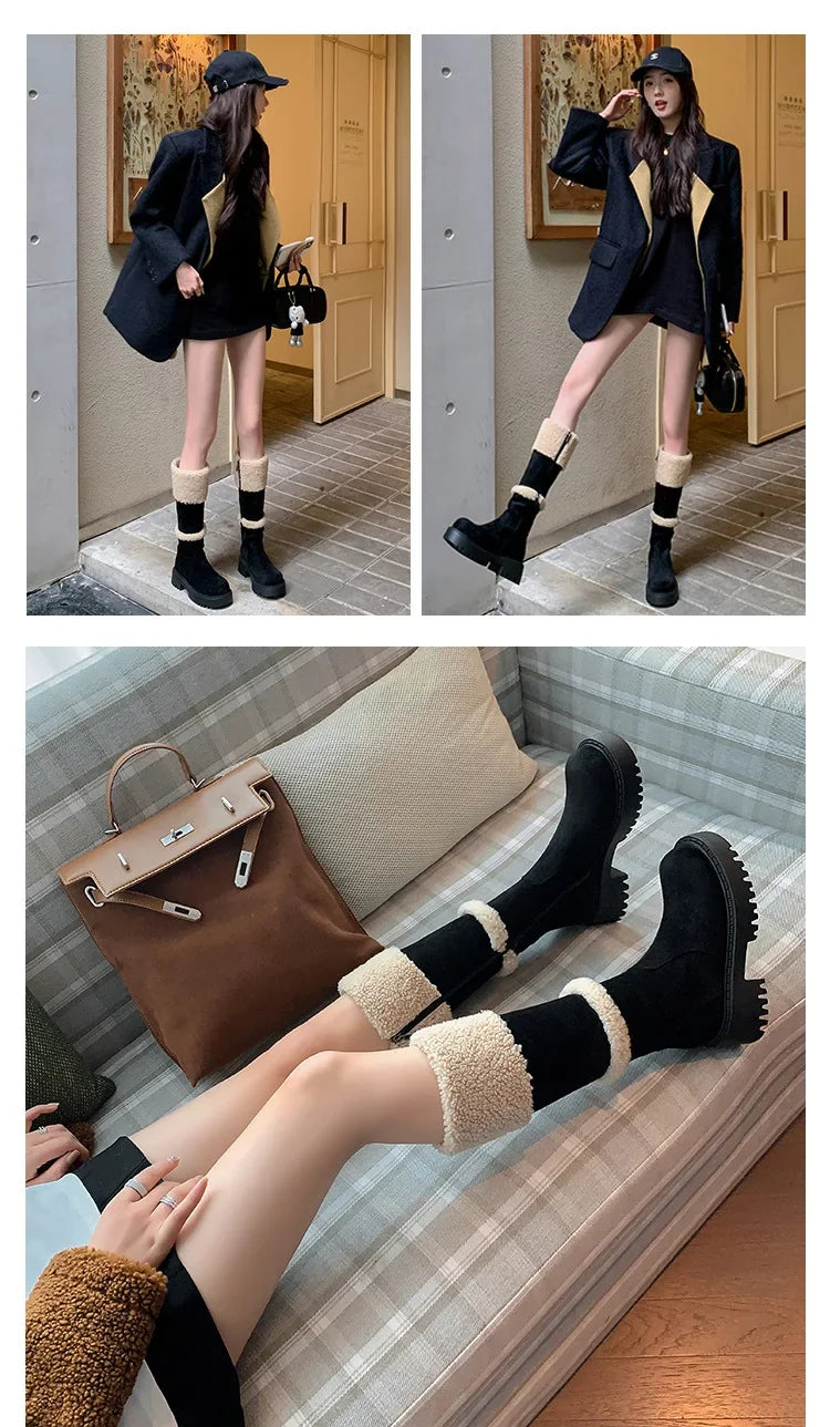 Thickened Lamb Wool Long Tube Snow Boots for Women New 2025 Autumn Winter Anti-slip Fleece-lined Cotton Shoes Knee High Boots