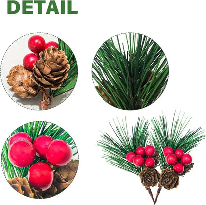 10Pcs Christmas Mini Pinecones Pine Needles Branches with Artificial Red Berry Stems for Xmas Tree Garland DIY Craft Gifts Decor