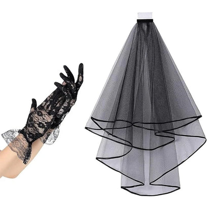 EtherealBe black lace veil and gloves set for elegant outfits and special occasions