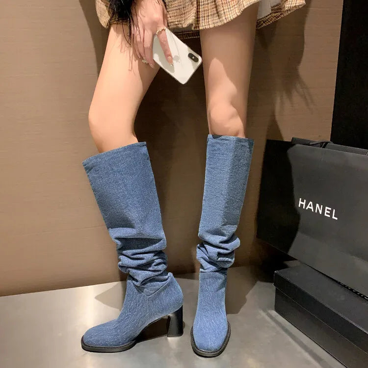 New Camouflage Denim Super Long Boots 34-42 Sewing 7cm Thick Heel Folding Over-the-Knee Boots Denim Blue Knee-High Women's Boots