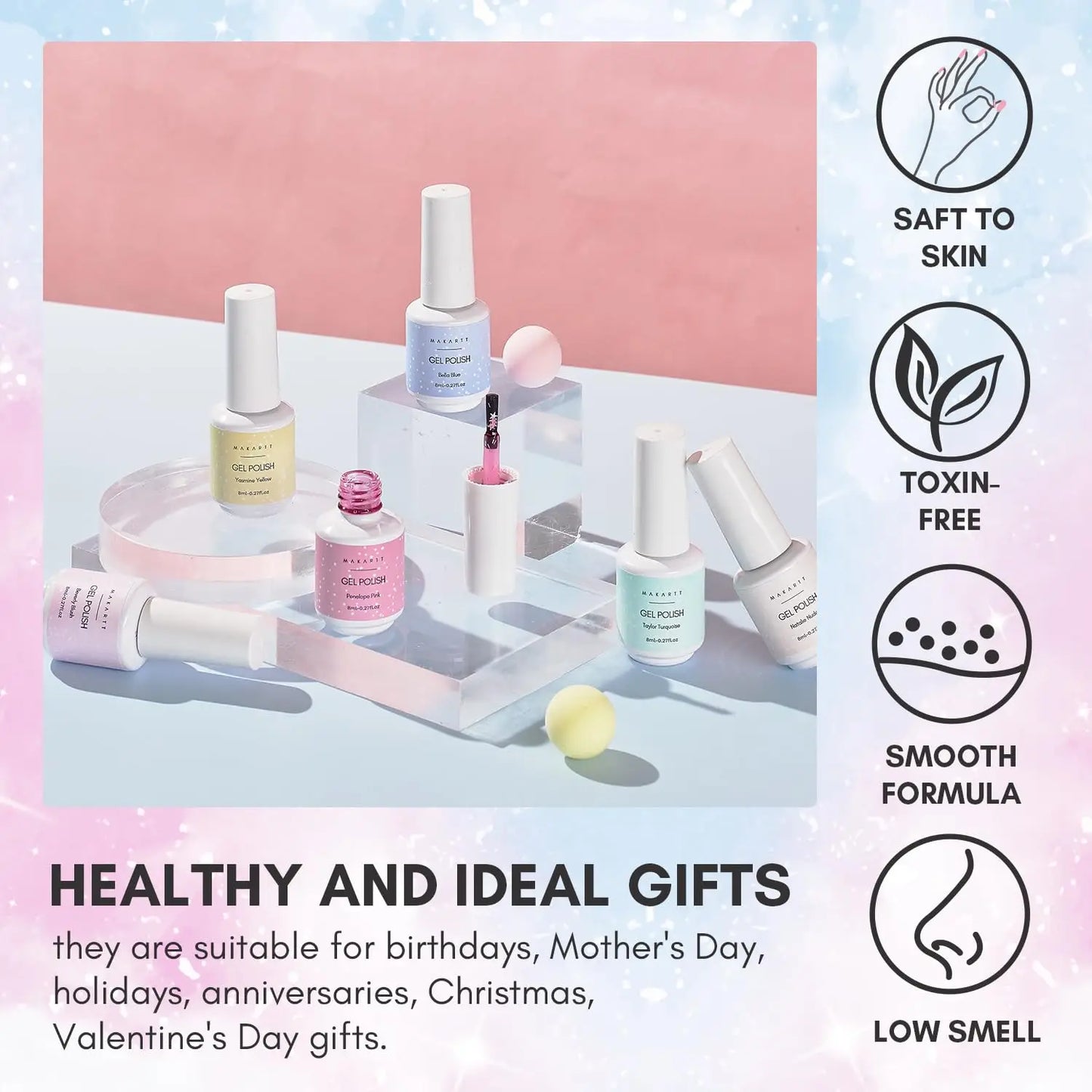 Makartt Gel Nail Polish Set Jelly Clear Glitter Pink Blue Soak Off Gel with Irridescent Stars, Crystal Transparent Nail Varnish