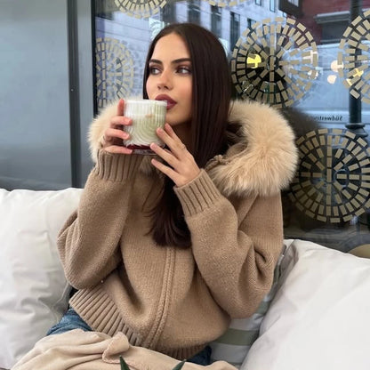 OFTBUY Real Fox Fur Kintwear Women 2025 New Spring Autumn Hooded Sweater Female Loose Zipper Kintted Jacket Oversized Cardigan