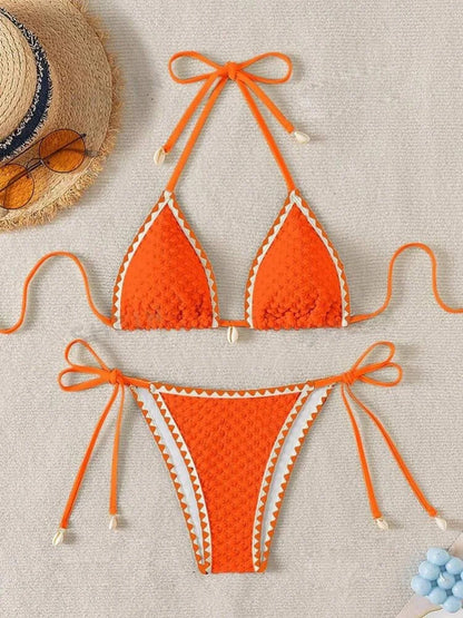 Sexy White Contrast Bikinis Sets 2025 Women Shell Ornament Push Up Tie Side Thong Swimsuit Summer Bathing Suit Micro Swimwear