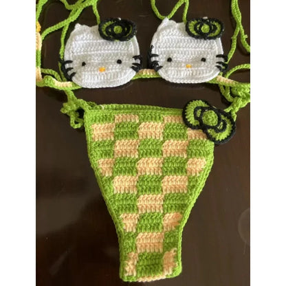 Sanrio Crochet Bikini Set Cute Girls Swimsuits Hello Kitty Sexy Bathing Suit Micro Ties Bikinis Beachwear Women Swimming Suit