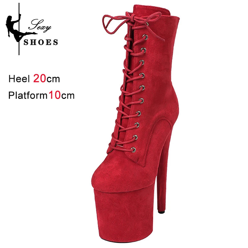 20CM Women ANKLE Boots 2025 Spring/Autumn Platform Red Flock High Heels Round Toe Thick Bottom Side Zipper Short Boots Female