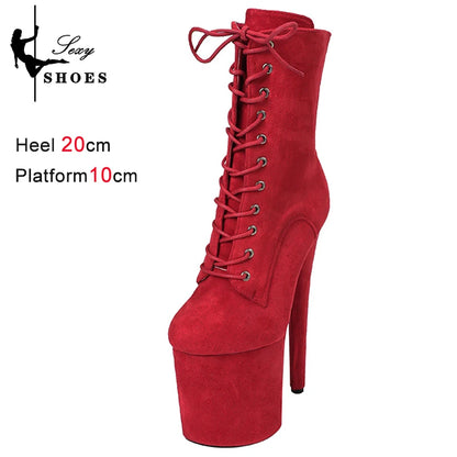 20CM Women ANKLE Boots 2025 Spring/Autumn Platform Red Flock High Heels Round Toe Thick Bottom Side Zipper Short Boots Female