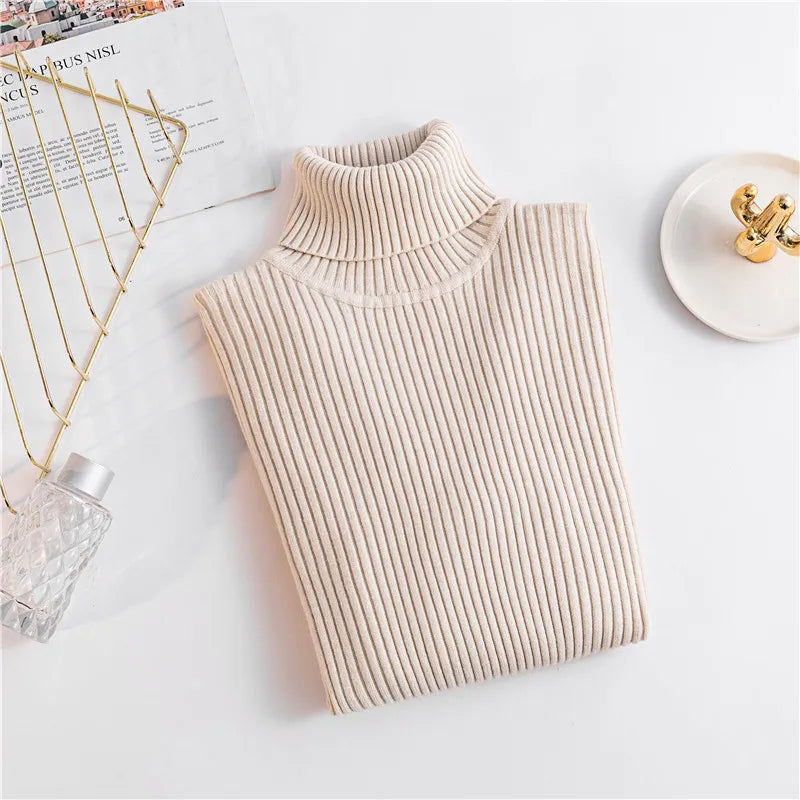 Autumn Winter Women Knit Solid Turtleneck Pull Sweater Casual Rib Jumper Tops Female Home Pullover Y2K Clothing 2025