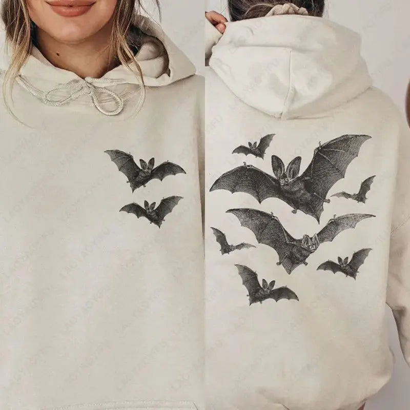 Gothic bat hoodie for women featuring a unique bat design on the front and back