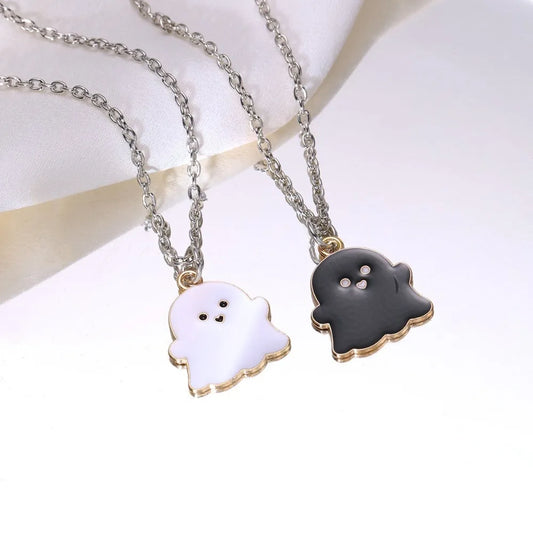 EtherealBe Halloween ghost pendant necklace in black and white, perfect for spooky season accessories