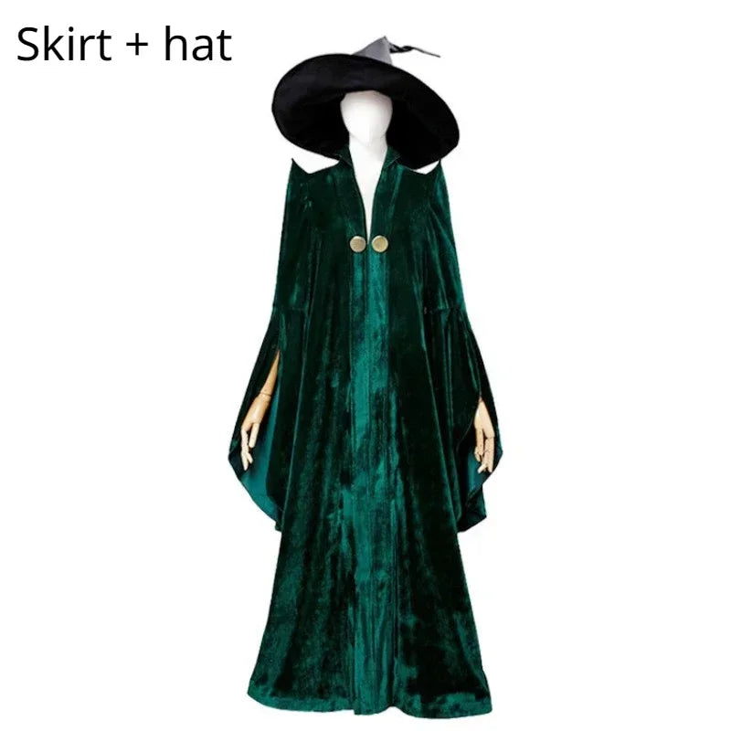 School of Witchcraft and Wizardry Professor Minerva McGonagall Cosplay Costume Dress Green Cloak Velvet Robe Halloween Costumes