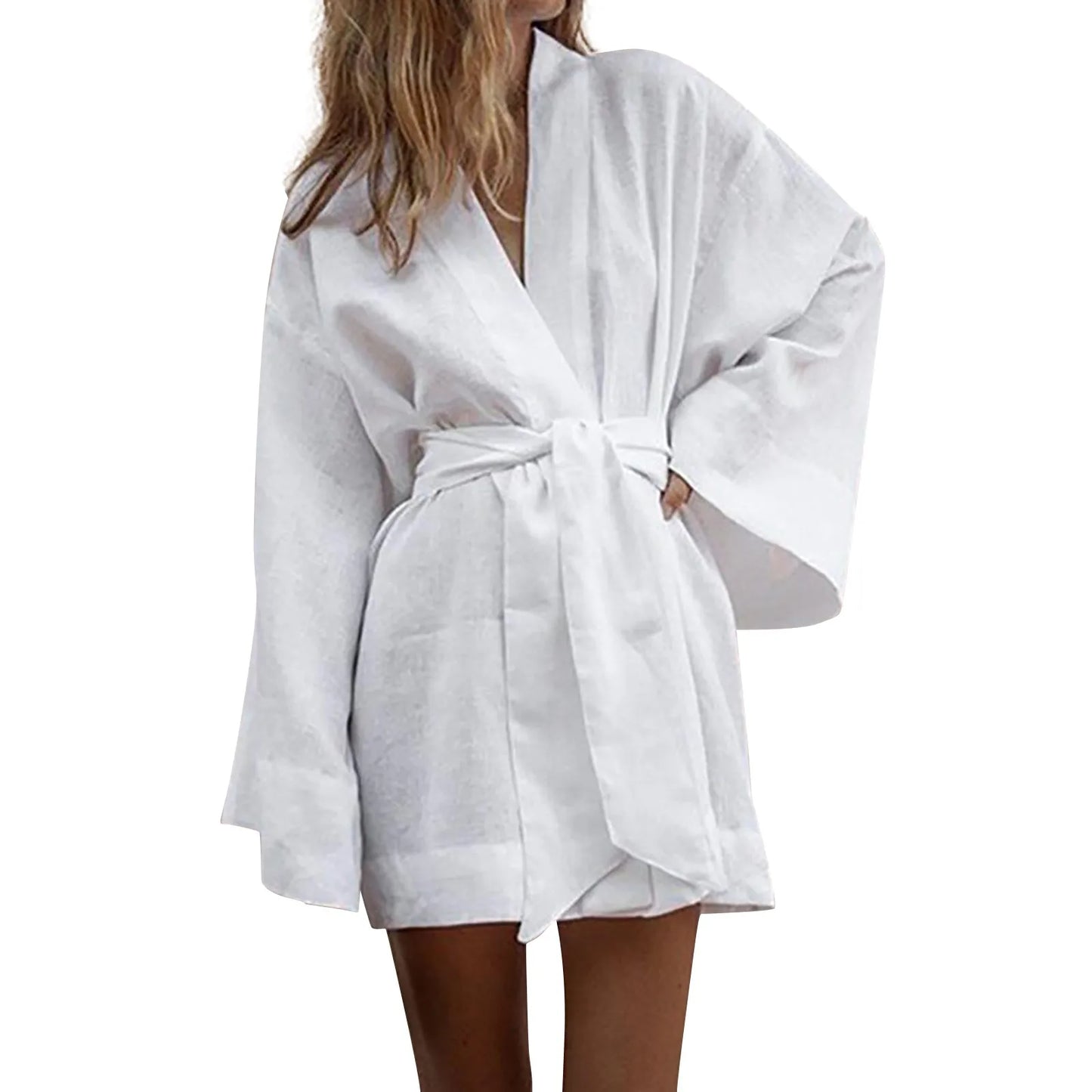 Women's Lace Up V-Neck Mini Dress 2025 New Cotton Linen Sashes Dresses Solid Long Sleeve Vestidos Loose Kimono Cardigan Dress