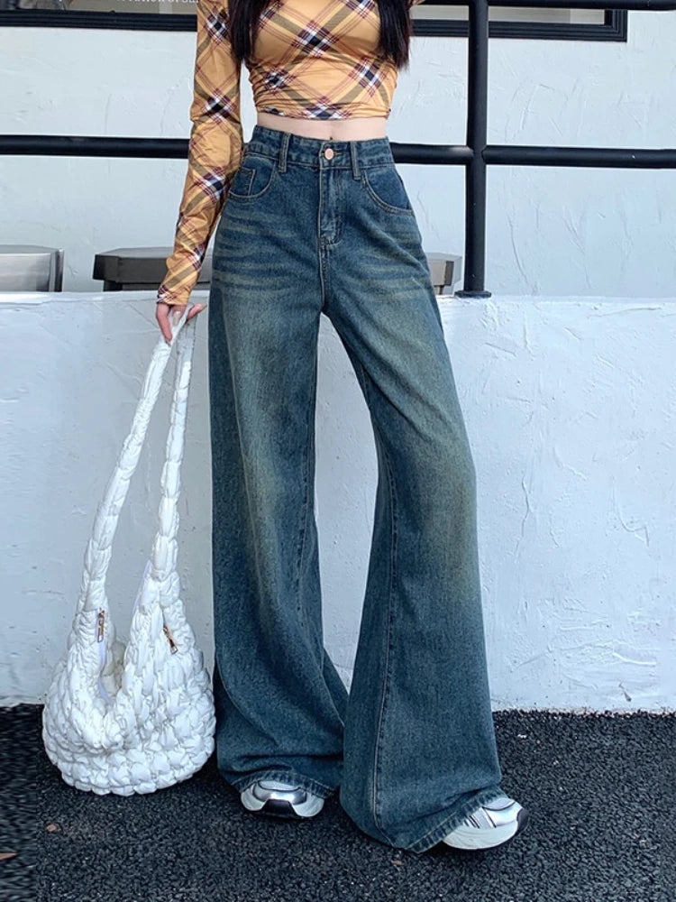 Women's Jeans Denim Pants 2025 Euramerican High Waist Girl Style Jean Trousers Colorful Straight Leg Wide Leg Pants