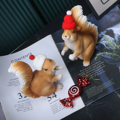 1 set of Christmas squirrels holding gifts and holiday decorations