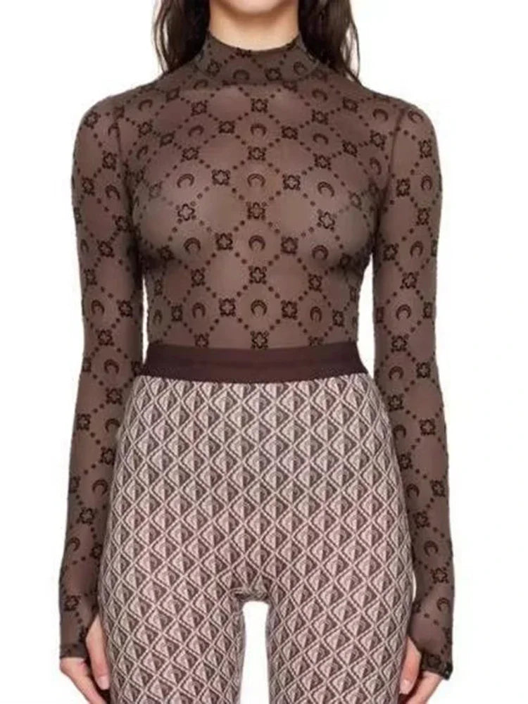 Spring Fashion Sexy Perspective Women's Pullover Mesh T-Shirt New Semi High Neck Long Sleeved Slim Fit Elastic Women T-Shirt