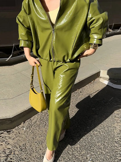 Leather Fashion Jacket Skirt Sets Women Zipper Loose Street Stand Collar Coats Straight Midi Skirts Suits 2025 Autumn Party Chic