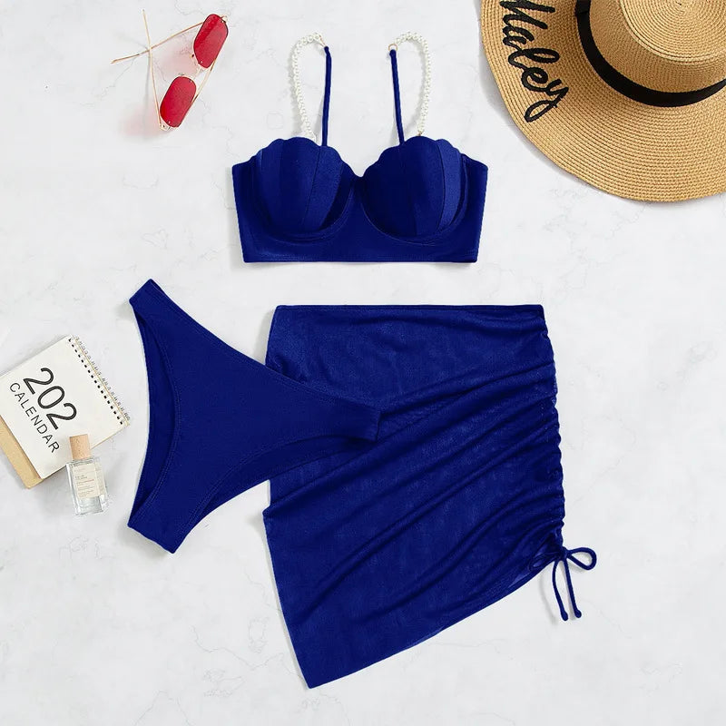 New Swimsuit Women Three Piece Set Solid Blue/Red/Orange/Black Summer Bikini European American Scallop 2024 Swimsuits Wholesale