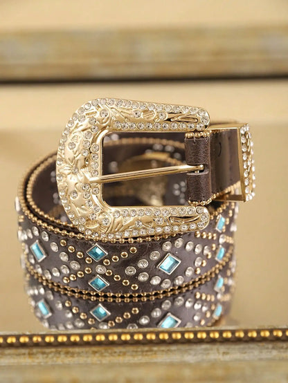 1 Piece Brown Ladies PU Chain Diamond Sapphire Blue Belt Fashion Pop Bohemian Style Belt for Daily Use