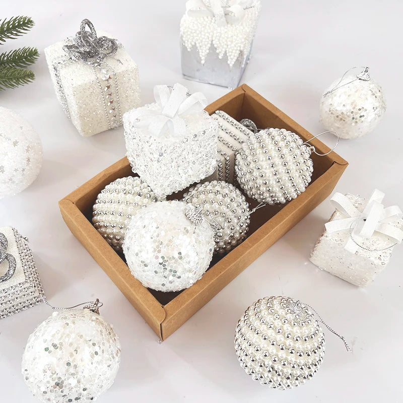 White Christmas Balls Ornament Foam Gift Box Xmas Tree Hanging Pendant 2025 New Year Home Party Decoration Navidad 2024 Supplies