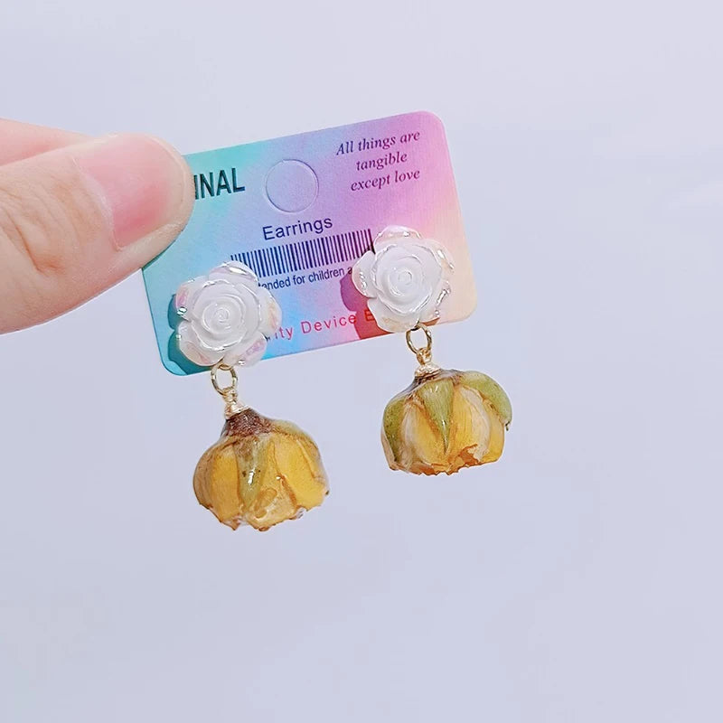 Unique Immortal Flower Earrings Elegant Natural Flower Pearl Drop Earrings Statement Jewelry Epoxy Resin Real Rose Earring 2024