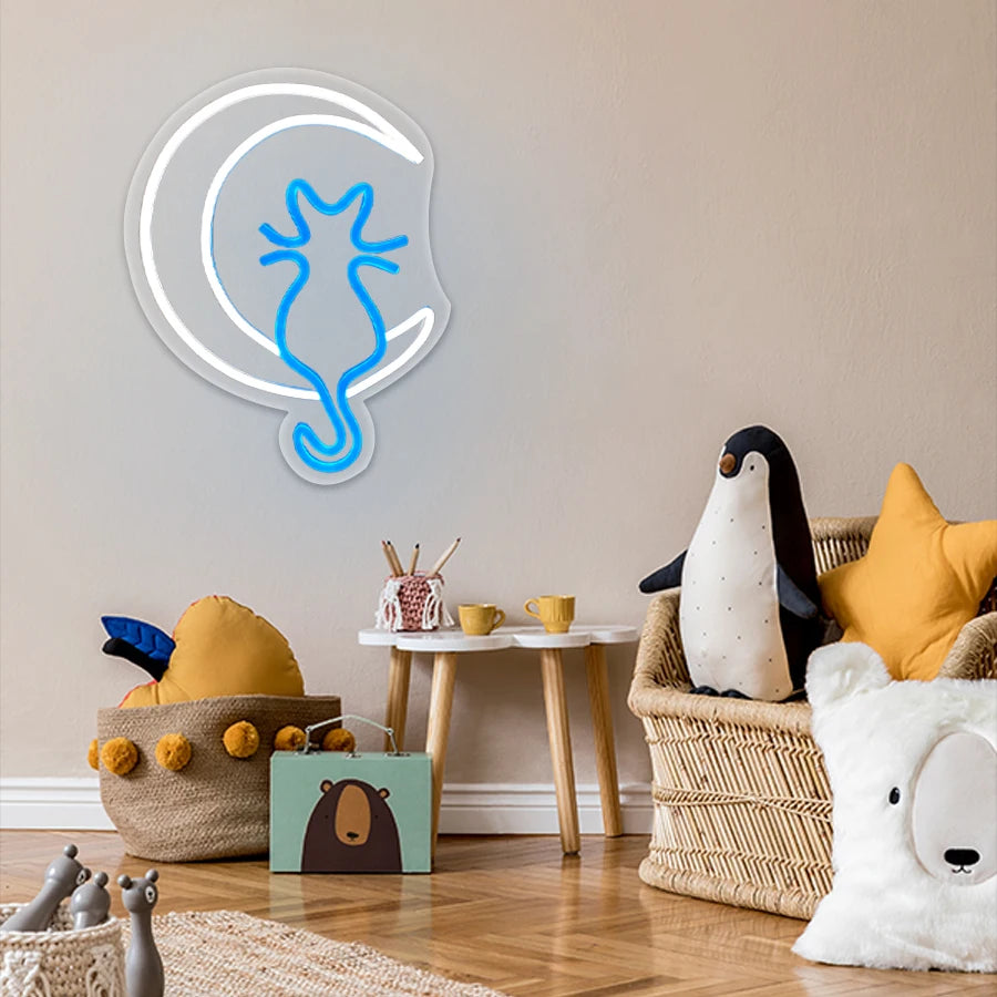 Cool Cat with Glasses Neon Sign for Wall Decor, Moon Cat USB  LED Neon Light Sign for Preppy Room Birthday Party Decoration