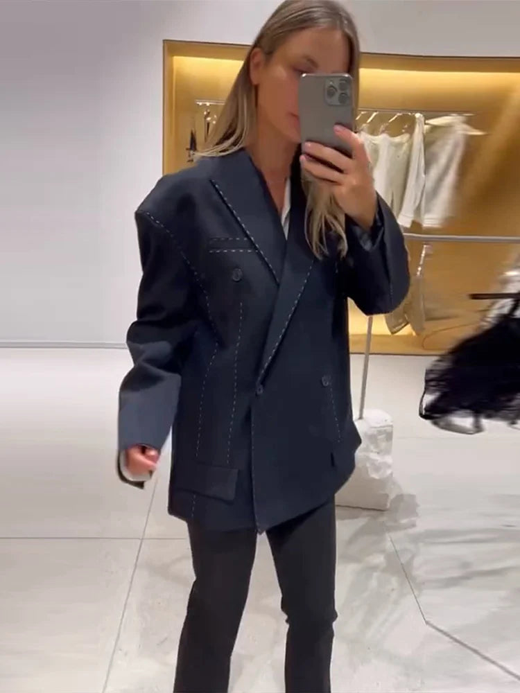 Casual Loose Women's Blazer Pant Suits Lapel Doube-Breasted Top Straight Pants Lady Set 2025 Autumn New 2 Pieces Set Women