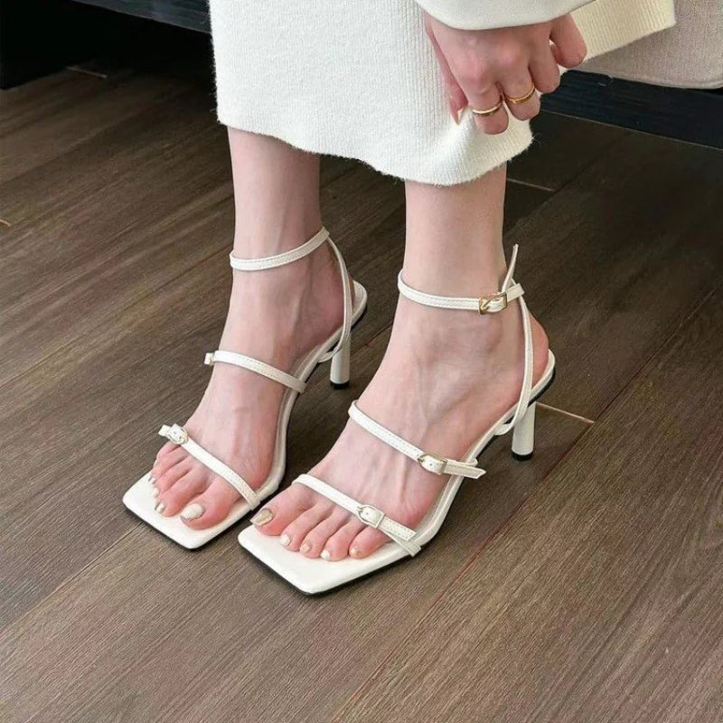 New Women's Shoes Fashion Buckle Design Square Toe Thin High Heel Sandals Shoes for Women Sandalias De Mujer 2023