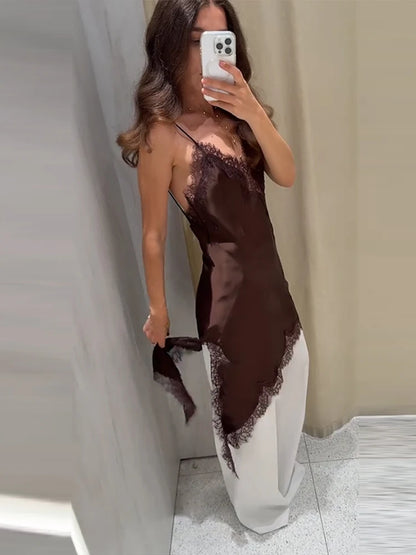 Brown Satin Sexy Lace Spliced Short Sling Dress Women V-neck Sleeveless Backless Asymmetric Party Dresses 2025 Summer Lady Robes