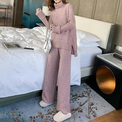 Autumn Winter 2 Pieces Women Sets Knitted Tracksuit 2025 New Turtleneck Sweater and Wide Leg Jogging Pant Pullover Suits