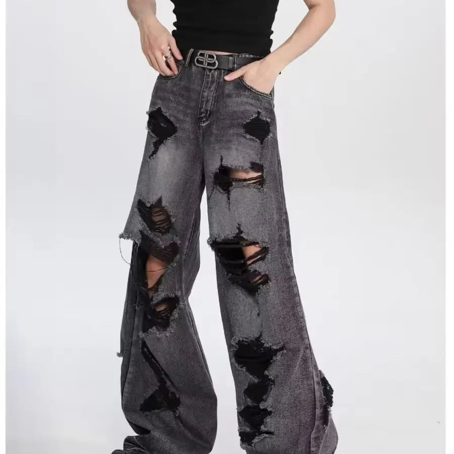 Ripped jeans for women in summer, cool, old high street American wide-leg pants loose and versatile straight trousers y2k jeans