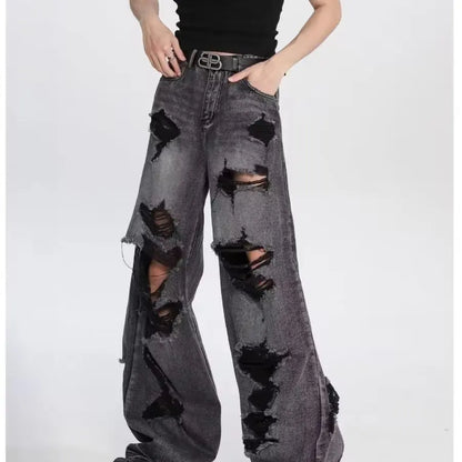 Ripped jeans for women in summer, cool, old high street American wide-leg pants loose and versatile straight trousers y2k jeans