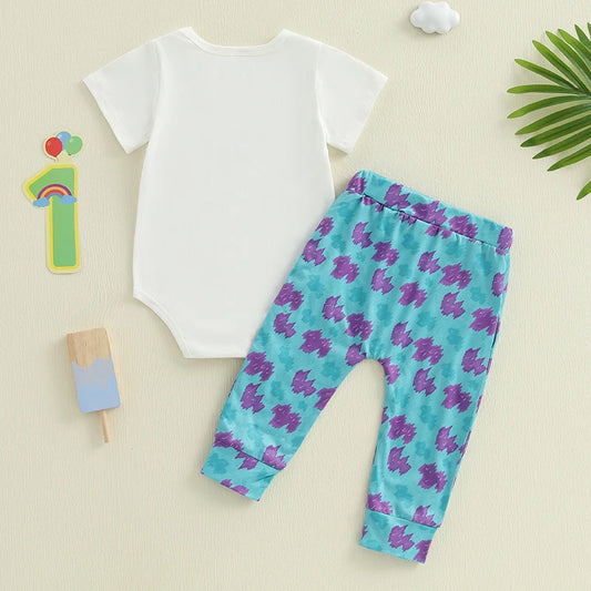 Baby Boys 1st Birthday Outfits Dinosaur Print Short Sleeve Bodysuit and Pants 2Pcs Clothing Set for Toddler Boys Party Wear