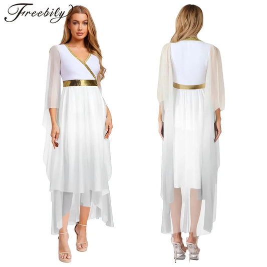 Women Halloween Ancient Greek Goddesses Queen Cosplay Costume Roman Toga Gold Trim Cape Tunic Dress Church Choir Worship Robe