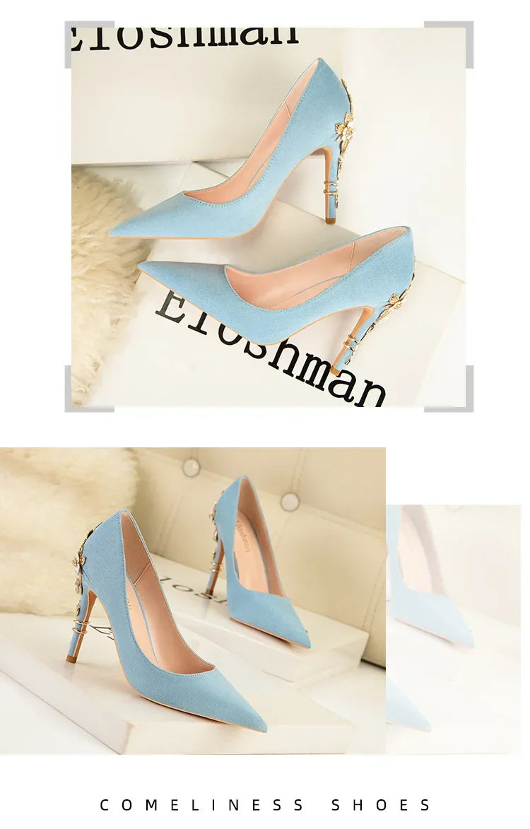 EtherealBe elegant blue flower embellished women's heels with pointed toes and stylish design