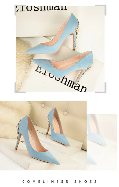 EtherealBe elegant blue flower embellished women's heels with pointed toes and stylish design