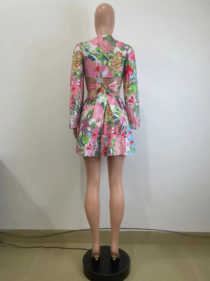 Two Piece Sets Women Skirt Set Print Floral Matching Sets V Neck Flare Sleeve Top Short Skirts Dress Sets Lace Up High Waist