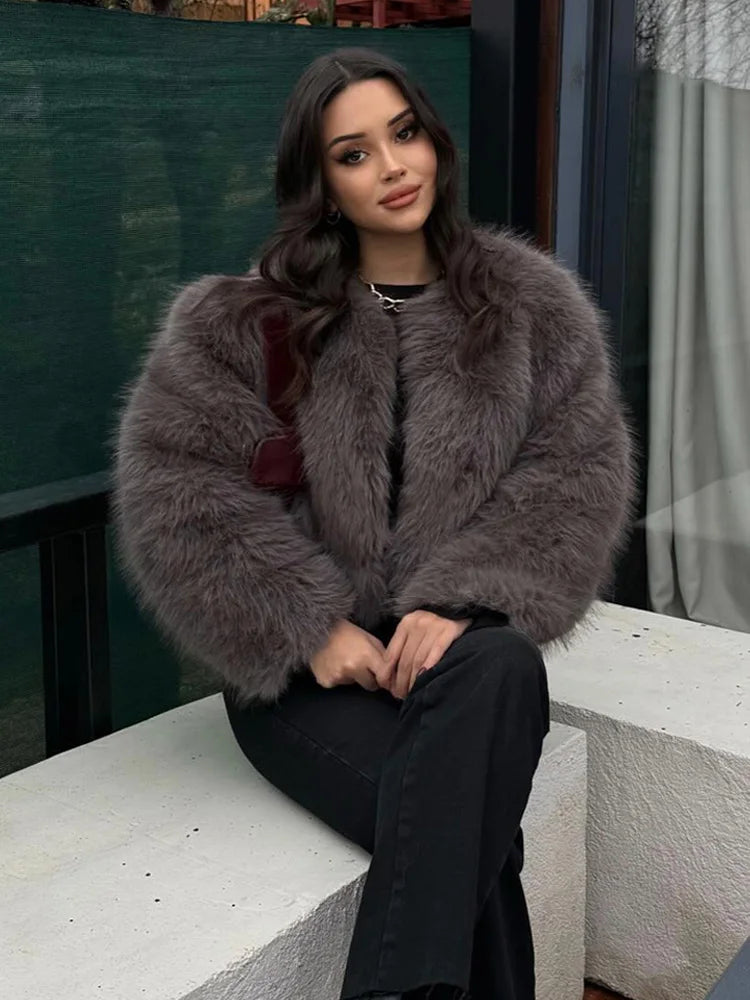 HH Women Winter Fashion Artificial Fur Effect Short Jacket Coats Female O-Neck Vintage Long Sleeve Loose Warm Top Streetwear