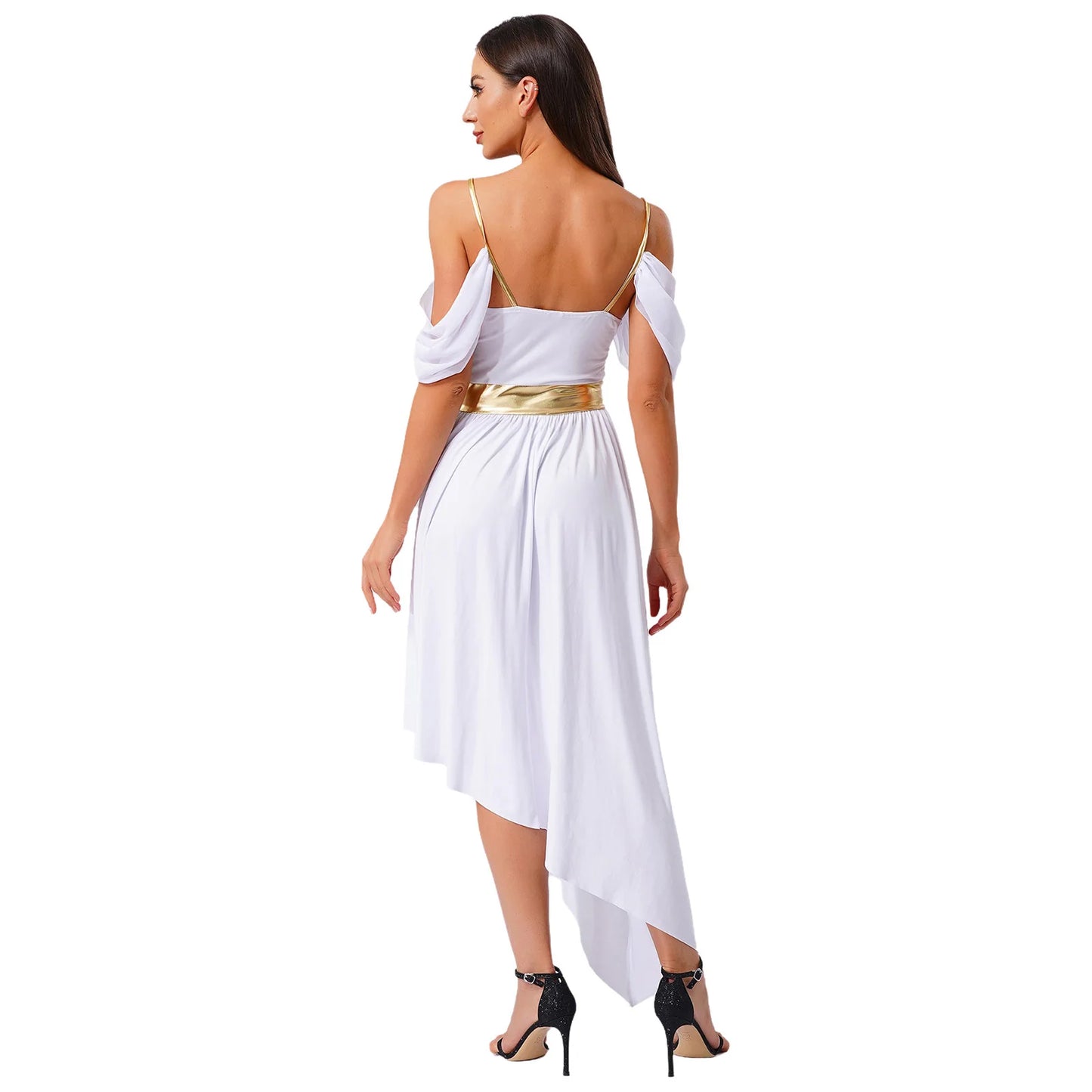 Womens Ancient Greek Costume Halloween Roman Queen Cosplay Dress Metallic Shiny Off Shoulder Sling Carnival Roleplay Dress Up