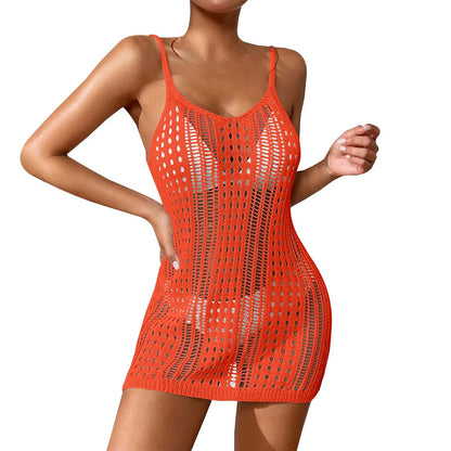 Women'S Sexy Sheer Knit Textured Crochet Overlay Spaghetti Strap Short Dress Beach Cover Women S Swim Cover Ups Halter Cover Up