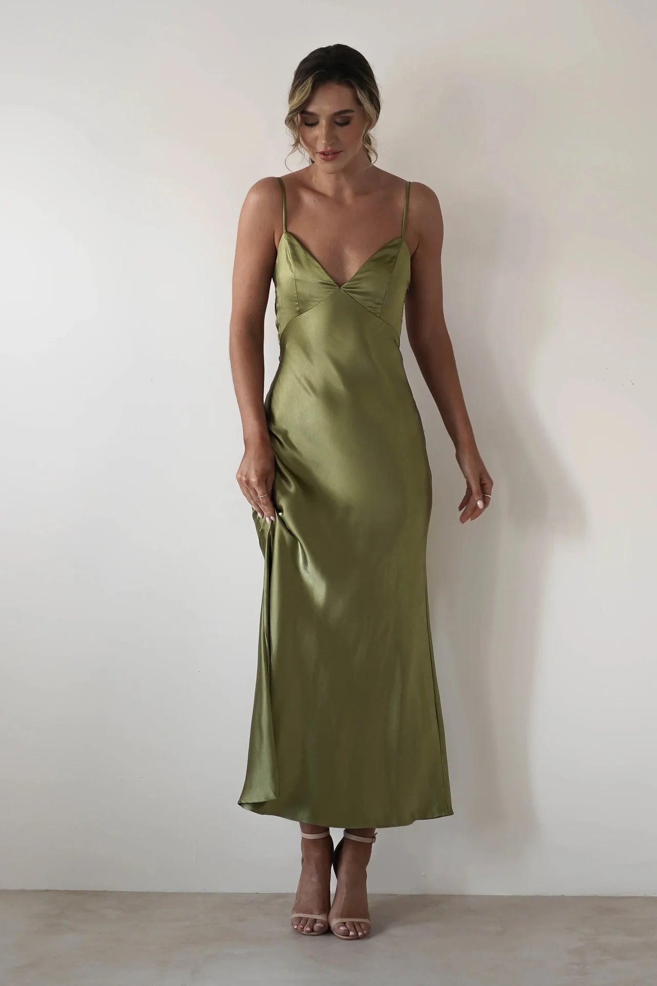 EtherealBe Sexy Satin Halter Dress in Olive Green