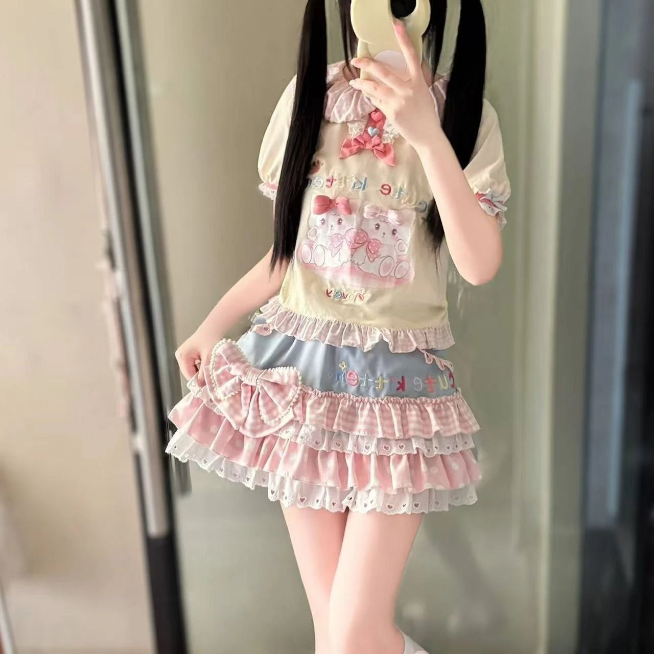 2026 Spring Japanese Cute T-shirts Women Casual Y2k Crop Top Kawaii Blouse and Mini Cake Skirts Outwear Lolita Vintage Tees Chic