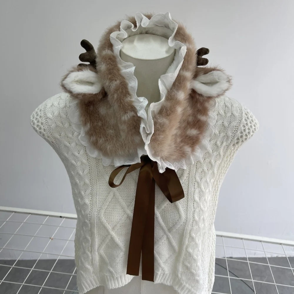 Winter Harajuku Elk Plush Scarf Christmas Gift Padded Warm Scarf Antlers Hairband Cosplay Cute New Year decoration Accessories