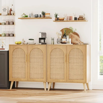 Set of 2 Rattan Storage Cabinet with Doors, Accent Bathroom Floor Cabinet, Modern Sideboard Buffet Cabinet for Living