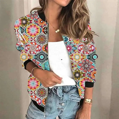 Fashion Print Women Jacket Spring Autumn O Neck Long Sleeve Zipper Pocket Casual Coats Bomber Outwear Streetwear Lady