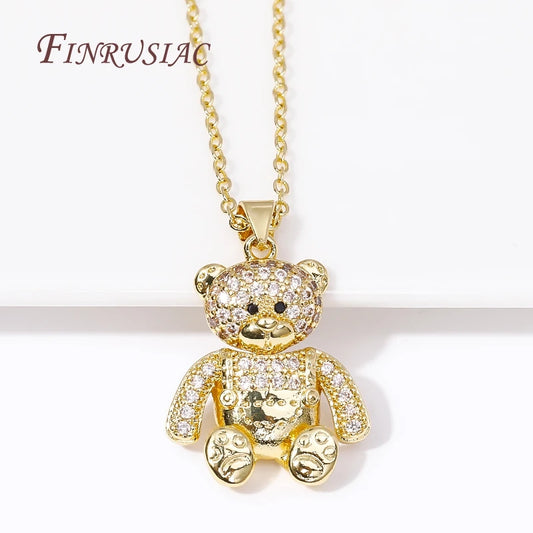 Fashion Creative Pendants Necklace Female 18K Gold Plated Pave Zircon Animal Bear Charms Necklaces for Women Christmas Gifts