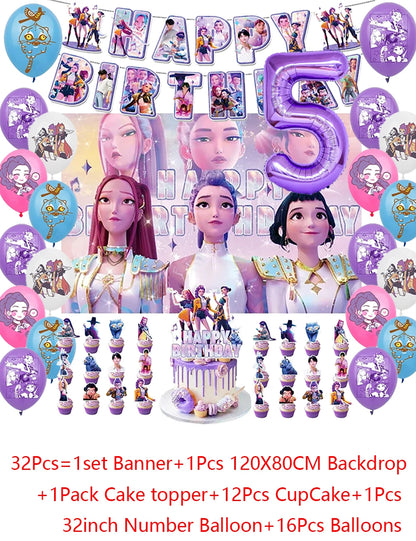 Demon Hunters Party Cutlery Set Banner Backdrop Balloons Cake Topper Outdoor Picnic Supply Birthday for Korean Kpop Anime Party